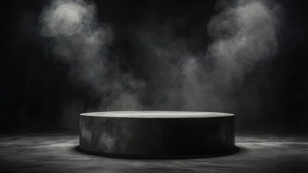 Photo black podium with dark smoke background abstract stage with fog and spotlight dramatic empty room with a black floor concrete wall and smoky dust