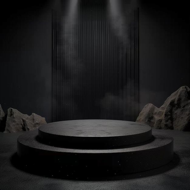 Black podium with dramatic lighting cinematic 8k