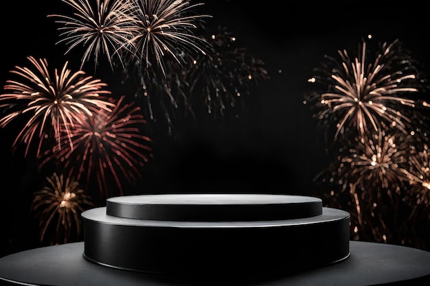 Black podium with fireworks background