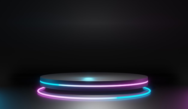 Black podium with glowing neon ring. Modern 3d rendering for product display presentation