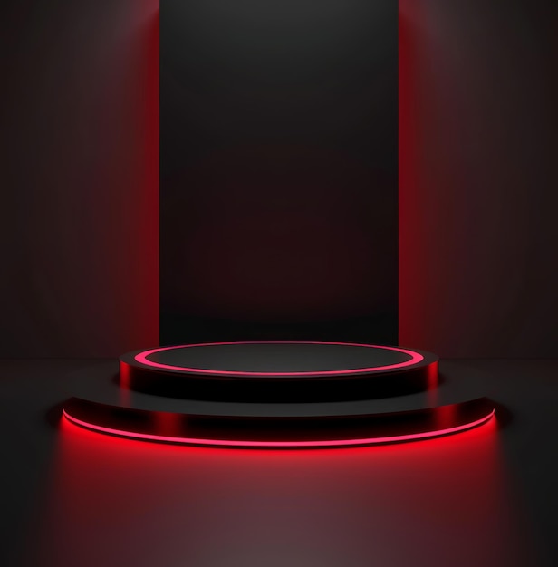 Black podium with red light neon frame for product presentation technology background