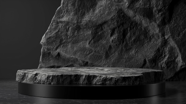 Black Podium with Stone Background 3D