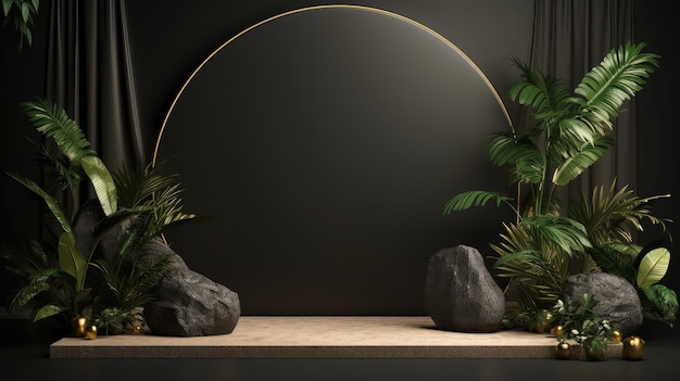 Black podium with a stone and plants