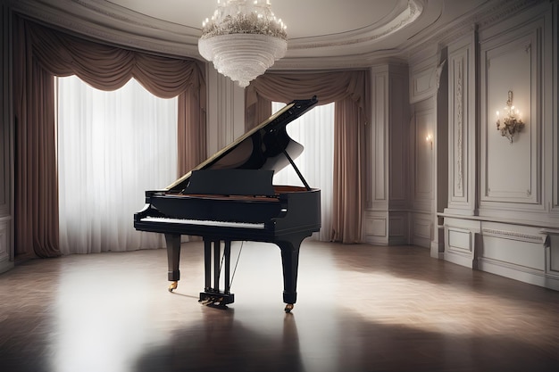 Photo a black polished grand piano in an elegant classical room interior