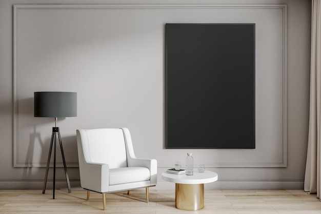 Black poster with copyspace in modern cabinet room with stylish furniture white armchair black lamp and coffee table Mock up