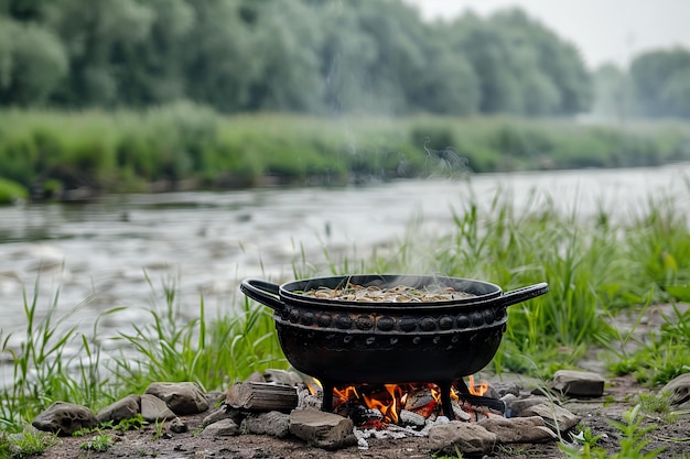 Black pot cooking on a fire summer day