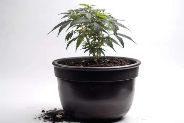 A black pot with a plant that says cannabis on it