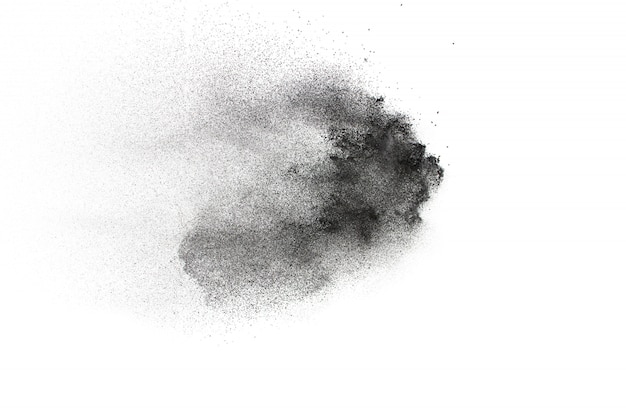 Black powder explosion on white background.