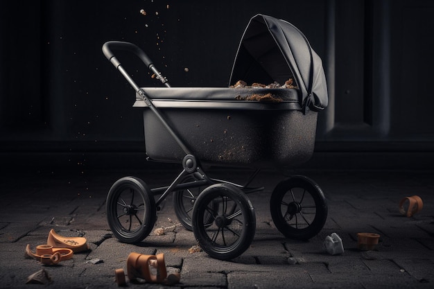 A black pram with a black handle and a black wheel that says'baby'on it.