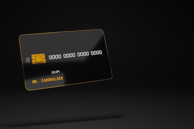 black premium plastic, credit card with golden chip and frame on dark background. 3d render