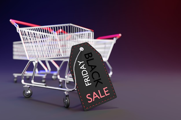 Black price tag is leaning against a shopping cart in a dark background. Closeup and copy space on the right. 3D rendering illustration.