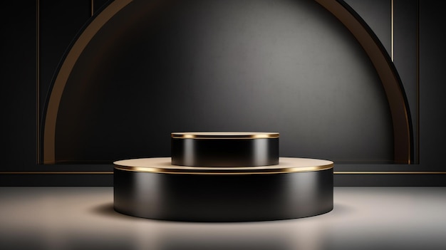 Black product podium with gold elements on a black background Generative AI