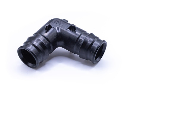 Black PVC pipe fittings isolated on white background Black plastic water pipe PVC accessories for plumbing Plumber equipment Bend and three way connection plastic pipe for water drain sewage