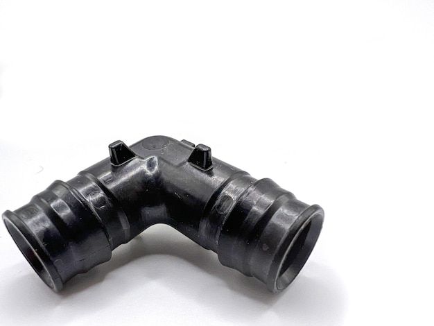 Black PVC pipe fittings isolated on white background Black plastic water pipe PVC accessories for plumbing Plumber equipment Bend and three way connection plastic pipe for water drain sewage