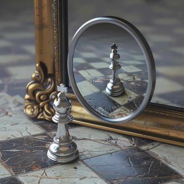 Photo a black queen chess piece stands in front of a mirror the reflection shows a black king