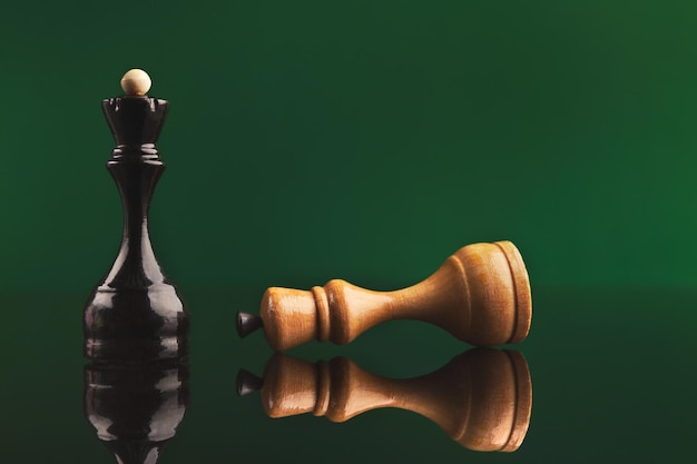 Black Queen wins. Chess figures on green background with reflection, copy space