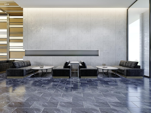 Black quilted sofas in the waiting area against a concrete wall with a niche 3D rendering