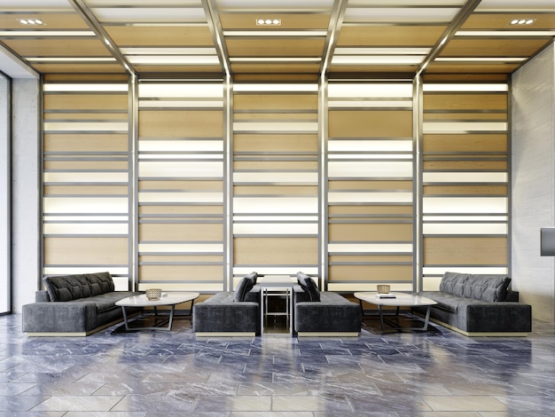 Black quilted sofas with a table in the waiting area against a backlit wooden wall 3D rendering