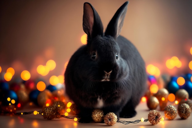 Black rabbit on the background of lights of garlands and Christmas balls Symbol of the new year 2023 Generative AI