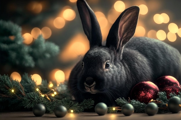 Black rabbit on the background of lights of garlands and Christmas balls Symbol of the new year 2023 Generative AI