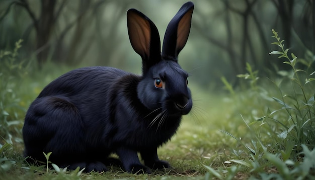 a black rabbit is sitting in the grass in the forest