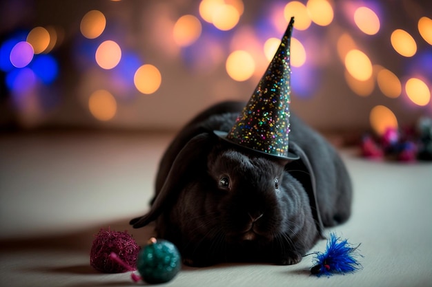 Black rabbit in a New Year's hat Generative AI