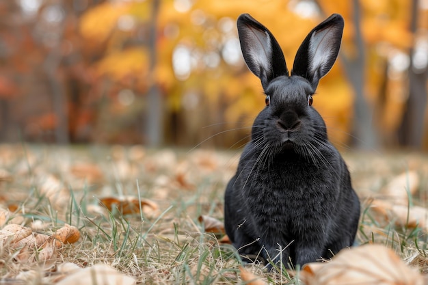 Black Rabbit Sitting on Dry Grass Field