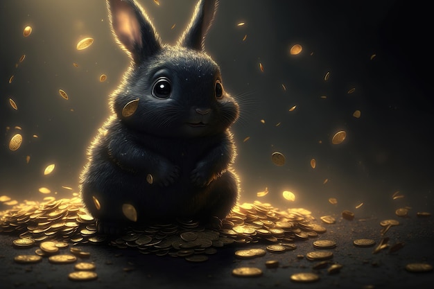 Black rabbit won the casino lottery gold coins are pouring down from above gold is everywhere The happy rabbit rejoices in victory 3d illustration