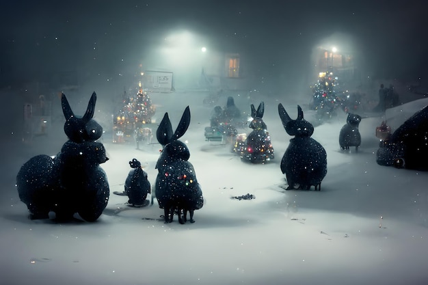 Black rabbits on snowy night town street cozy christmas outdoor miniature neural network generated art