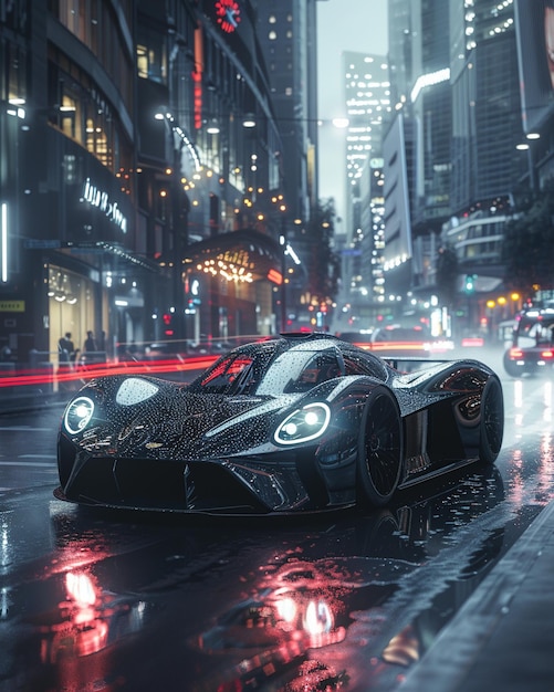 a black racing car is driving down a wet street in the rain