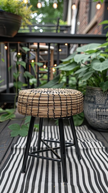 Photo black rattan sofa round woven ottoman and striped carpet on a wooden terrace with fairy lights in the background scandinavian summer garden or courtyard