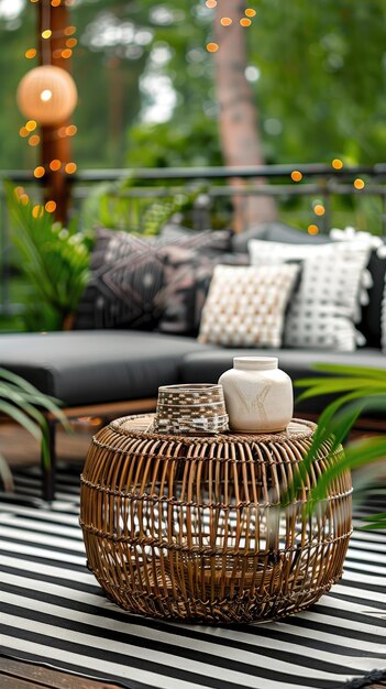 Photo black rattan sofa round woven ottoman and striped carpet on a wooden terrace with fairy lights in the background scandinavian summer garden or courtyard