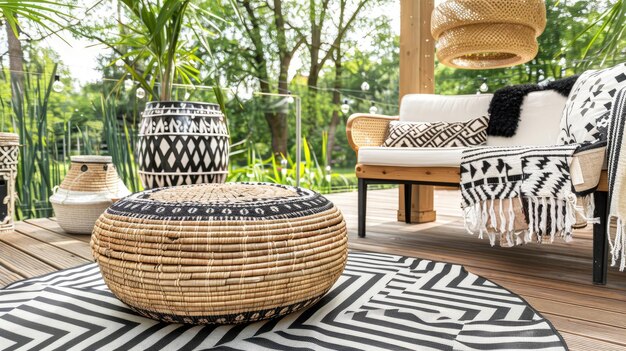 Photo black rattan sofa round woven ottoman and striped carpet on a wooden terrace with fairy lights in the background scandinavian summer garden or courtyard