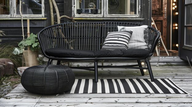 Photo black rattan sofa round woven ottoman and striped carpet on a wooden terrace with fairy lights in the background scandinavian summer garden or courtyard