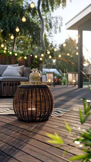 Black rattan sofa round woven ottoman and striped carpet on a wooden terrace with fairy lights in the background Scandinavian summer garden or courtyard