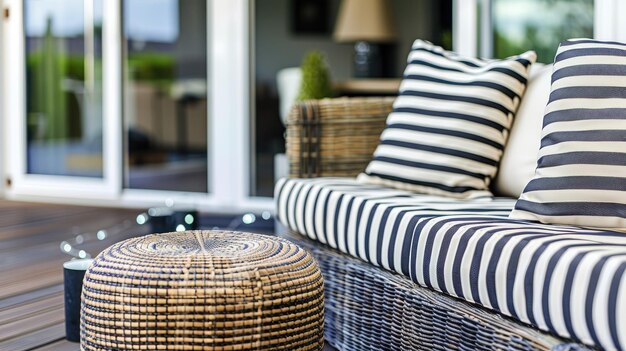 Photo black rattan sofa round woven ottoman and striped carpet on a wooden terrace with fairy lights in the background scandinavian summer garden or courtyard