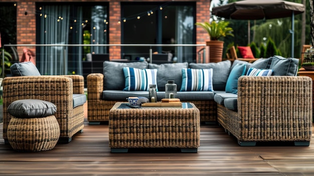 Photo black rattan sofa round woven ottoman and striped carpet on a wooden terrace with fairy lights in the background scandinavian summer garden or courtyard