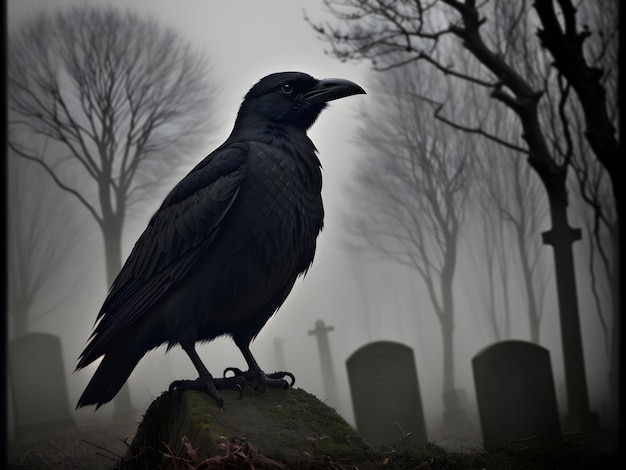 Photo black raven on a gravestone in gray tones