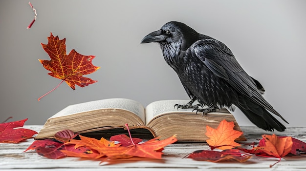 Photo black raven in moonlight perched on tree scary creepy gothic setting cloudy night halloween co