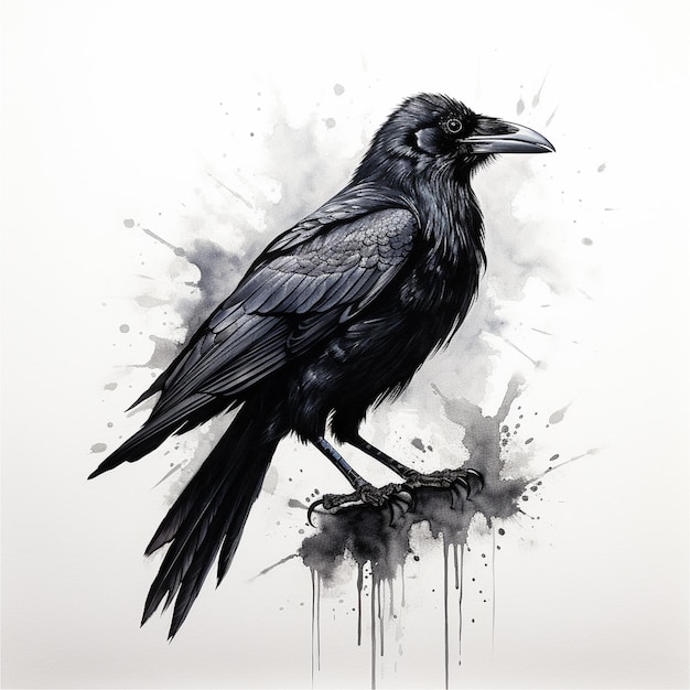 black raven painted by water color