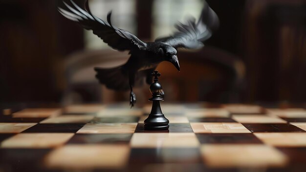 Photo a black raven perches on a chessboard its wings spread wide the ravens beak is open and it is looking down at a black pawn