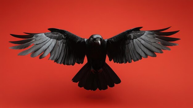 Photo black raven with spread wings against red background