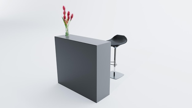 Black reception desk with stool bar and vase isolated on white background 3D render