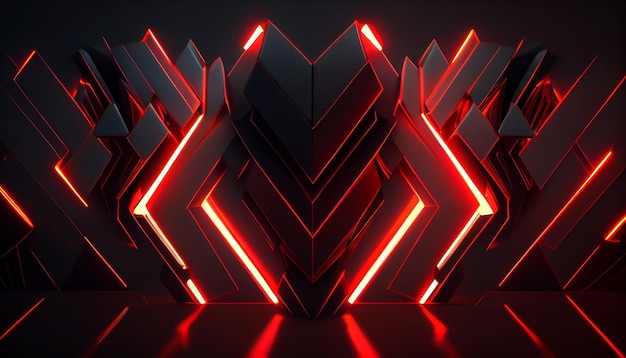 A black and red 3d graphic with red lights and a red arrow pointing down.