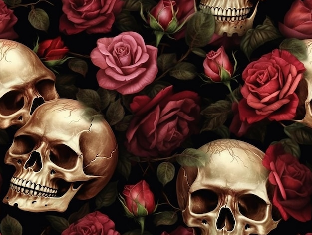 A black and red background with skulls and roses.