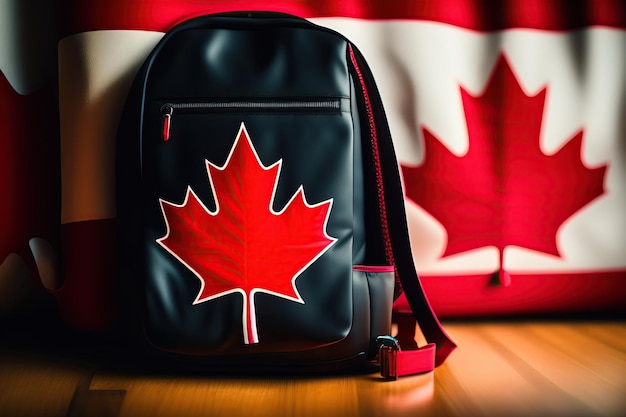 A black and red backpack with a Canadian maple leaf with a Canadian flag on the background