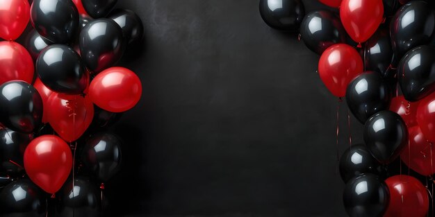 Black and red balloons floating gracefully against a sleek black background creating a dramatic and