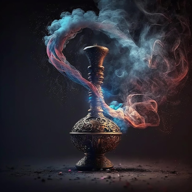 A black and red bottle with a blue smoke coming out of it.