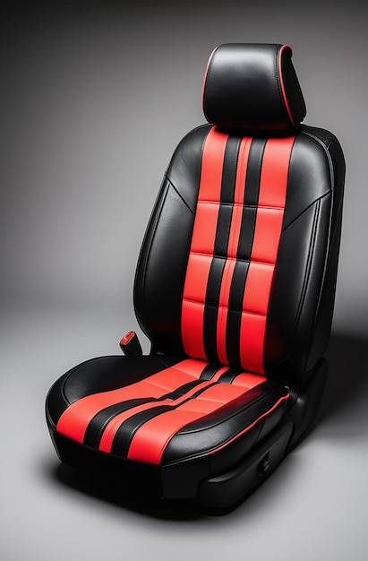 a black and red car seat with red stripes