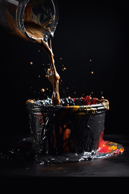 A black and red colored can of liquid is poured into a bucket.